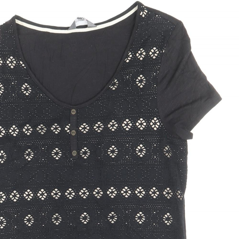 Per Una Womens Black Geometric Cotton Basic T-Shirt Size 14 Scoop Neck