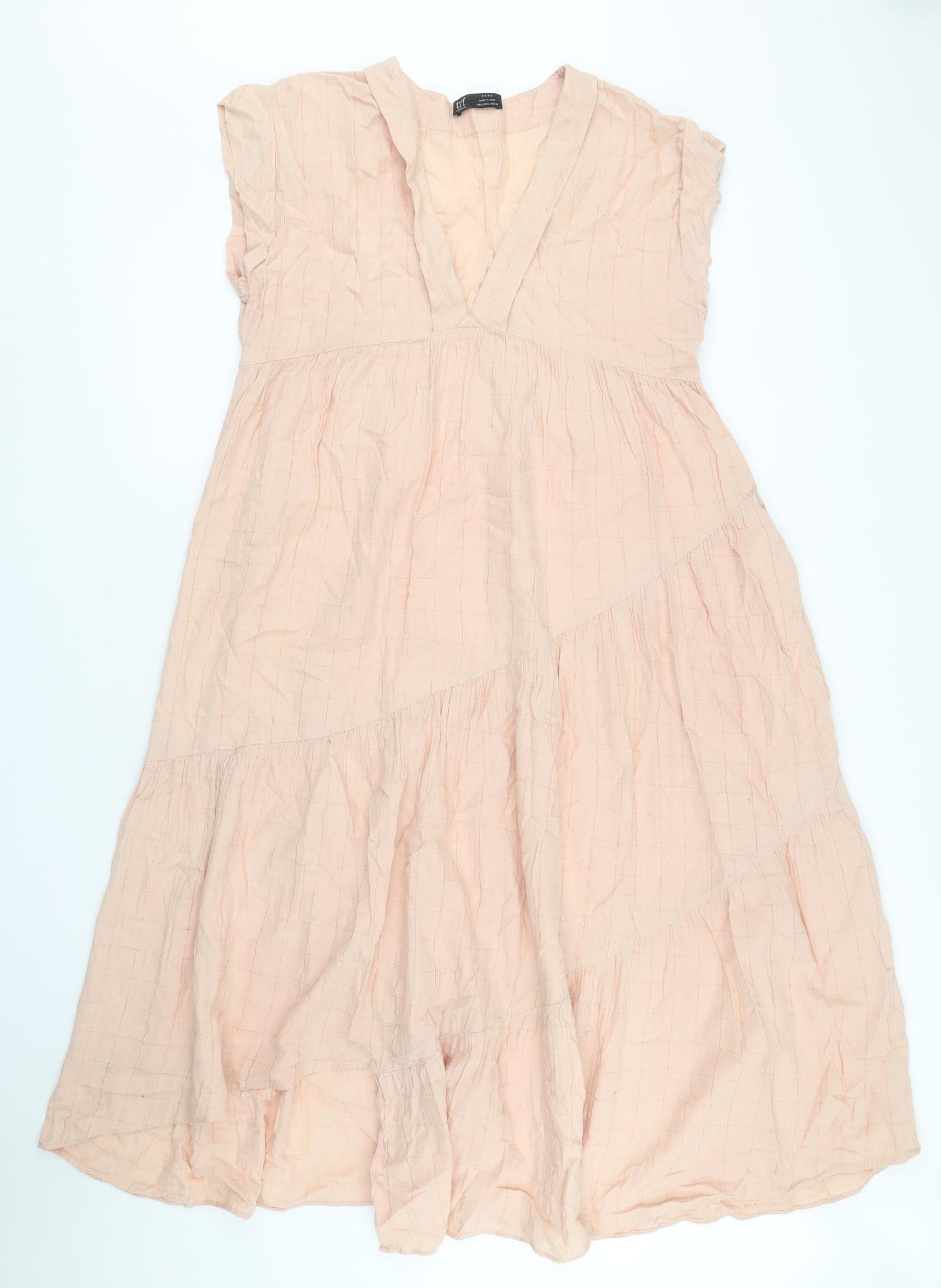 Zara Womens Pink Check Cotton Trapeze & Swing Size L V-Neck Pullover