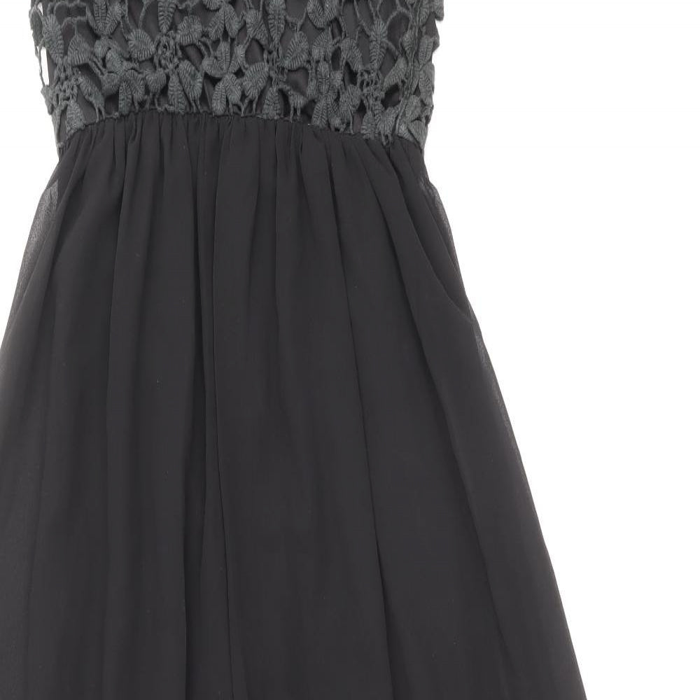 Lola Skye Womens Black Floral Polyester Ball Gown Size 10 Round Neck Zip