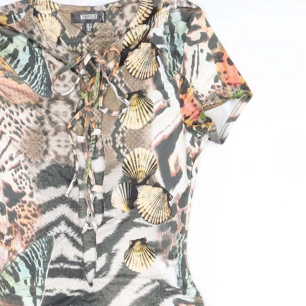 Missguided Womens Multicoloured Animal Print Polyester Bodysuit One-Piece Size 12 Tie