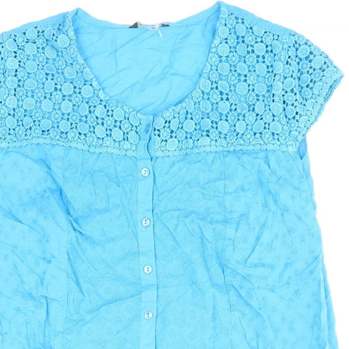 Roman Womens Blue Geometric 100% Cotton Basic Button-Up Size 10 Scoop Neck