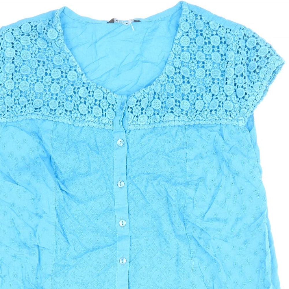 Roman Womens Blue Geometric 100% Cotton Basic Button-Up Size 10 Scoop Neck