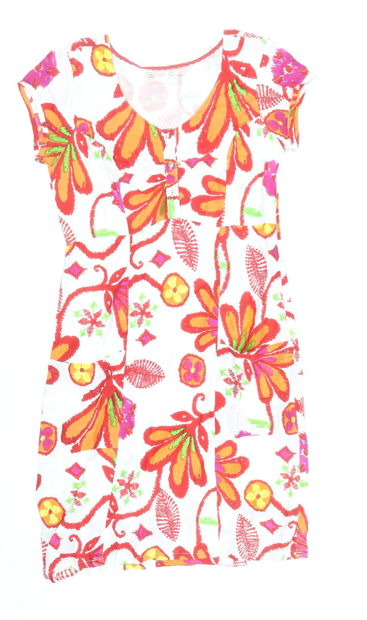 Preworn Womens Multicoloured Floral Viscose Shift Size 10 Scoop Neck Button