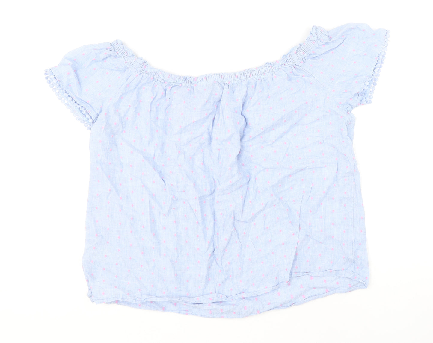 Papaya Womens Blue Polka Dot 100% Cotton Basic Blouse Size 14 Boat Neck
