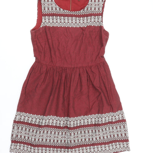 N.W 3 Womens Red Geometric 100% Cotton Fit & Flare Size 10 Boat Neck Zip