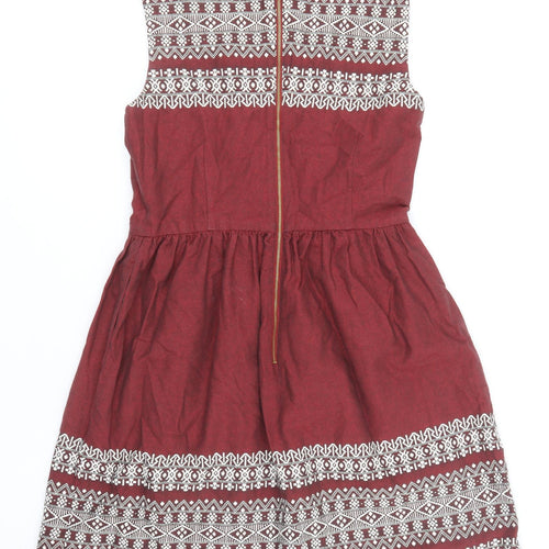 N.W 3 Womens Red Geometric 100% Cotton Fit & Flare Size 10 Boat Neck Zip