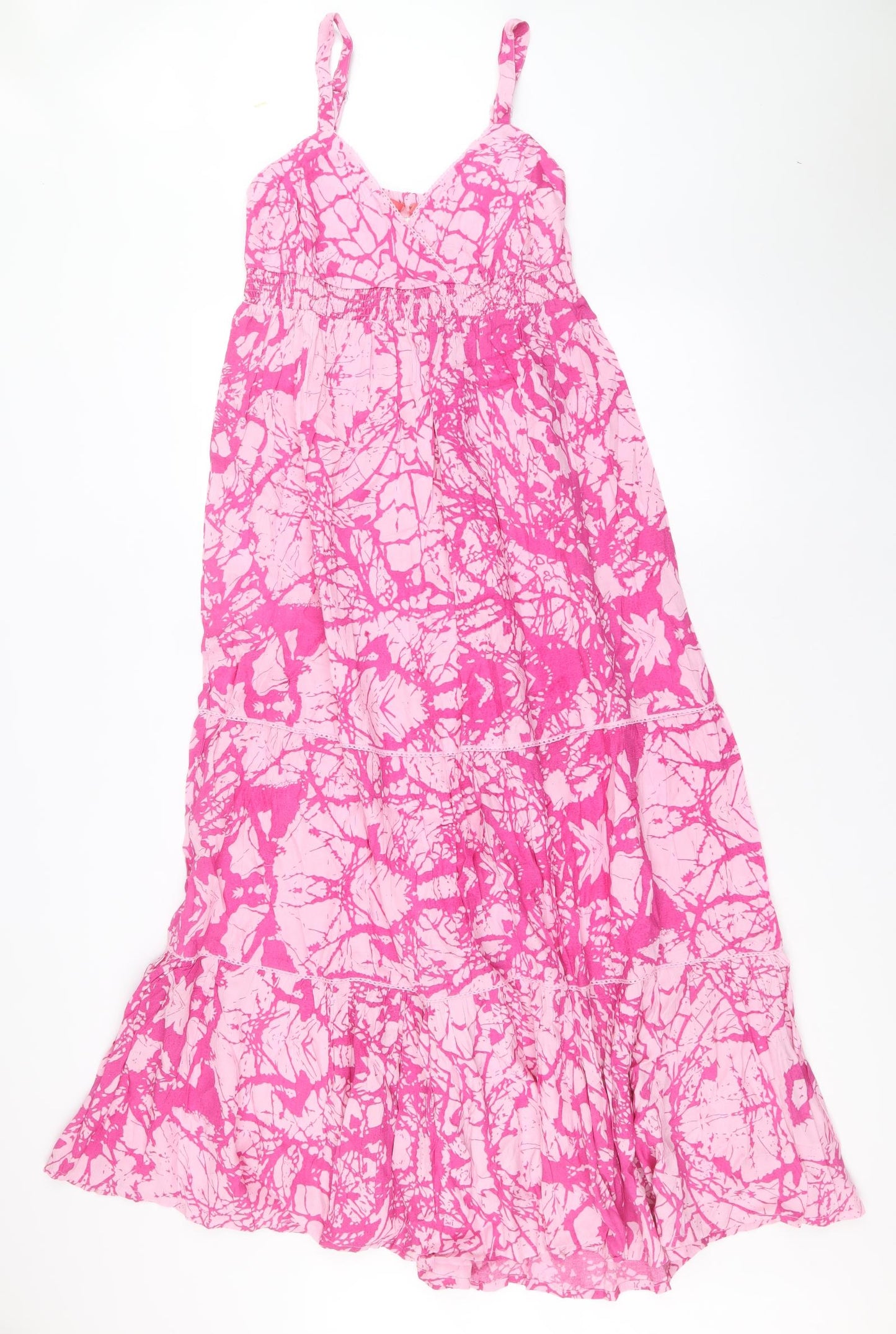 Preworn Womens Pink Geometric Viscose Tank Dress Size 10 V-Neck Pullover - Shirred Back
