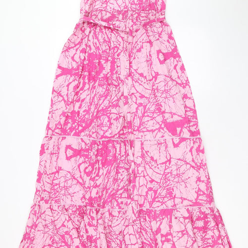 Preworn Womens Pink Geometric Viscose Tank Dress Size 10 V-Neck Pullover - Shirred Back