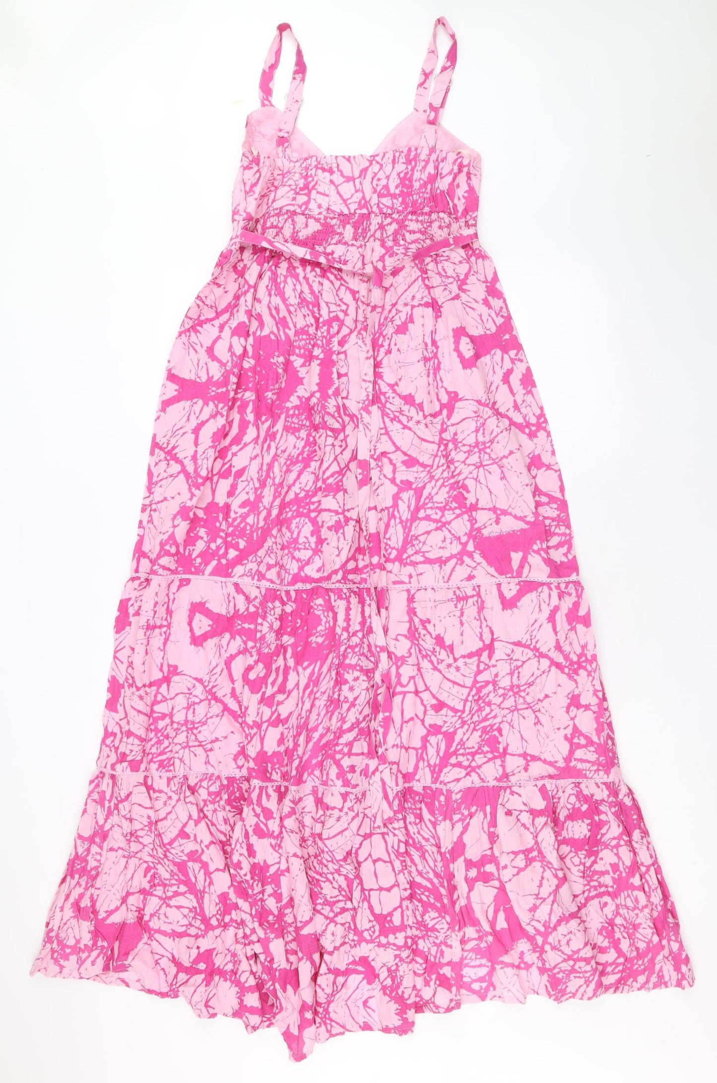 Preworn Womens Pink Geometric Viscose Tank Dress Size 10 V-Neck Pullover - Shirred Back