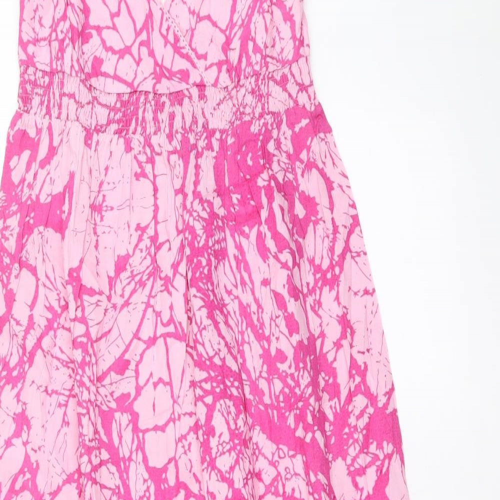 Preworn Womens Pink Geometric Viscose Tank Dress Size 10 V-Neck Pullover - Shirred Back