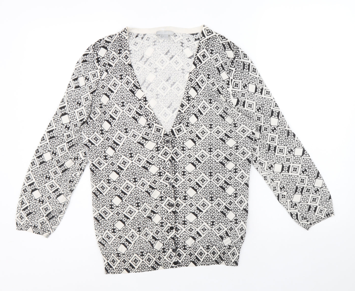 H&M Womens Black V-Neck Geometric Cotton Cardigan Jumper Size M