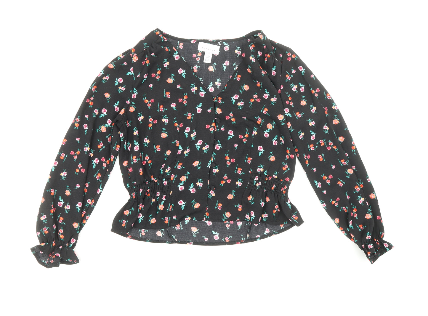 Topshop Womens Black Floral Polyester Basic Blouse Size 6 V-Neck