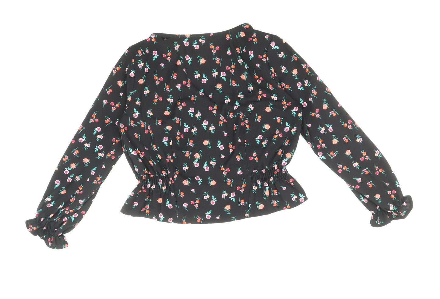Topshop Womens Black Floral Polyester Basic Blouse Size 6 V-Neck