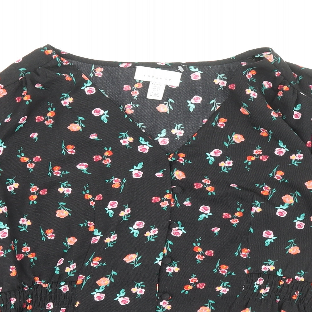 Topshop Womens Black Floral Polyester Basic Blouse Size 6 V-Neck