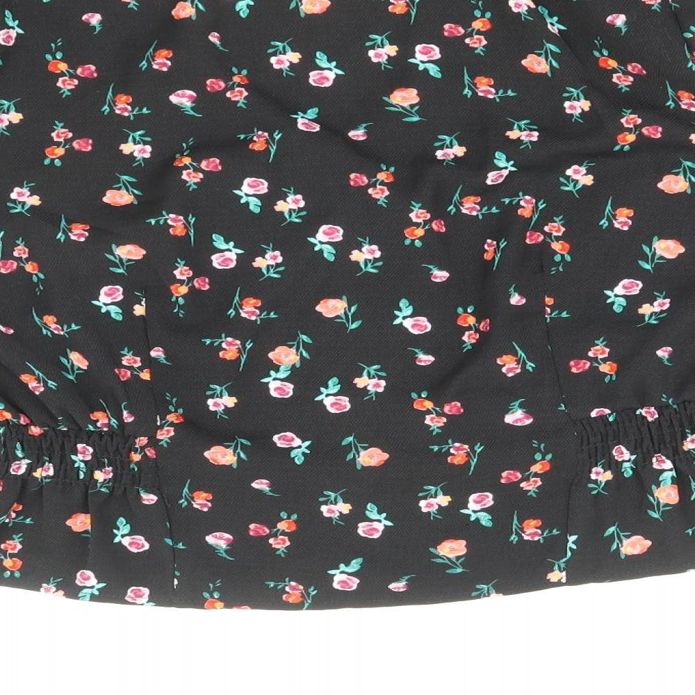 Topshop Womens Black Floral Polyester Basic Blouse Size 6 V-Neck