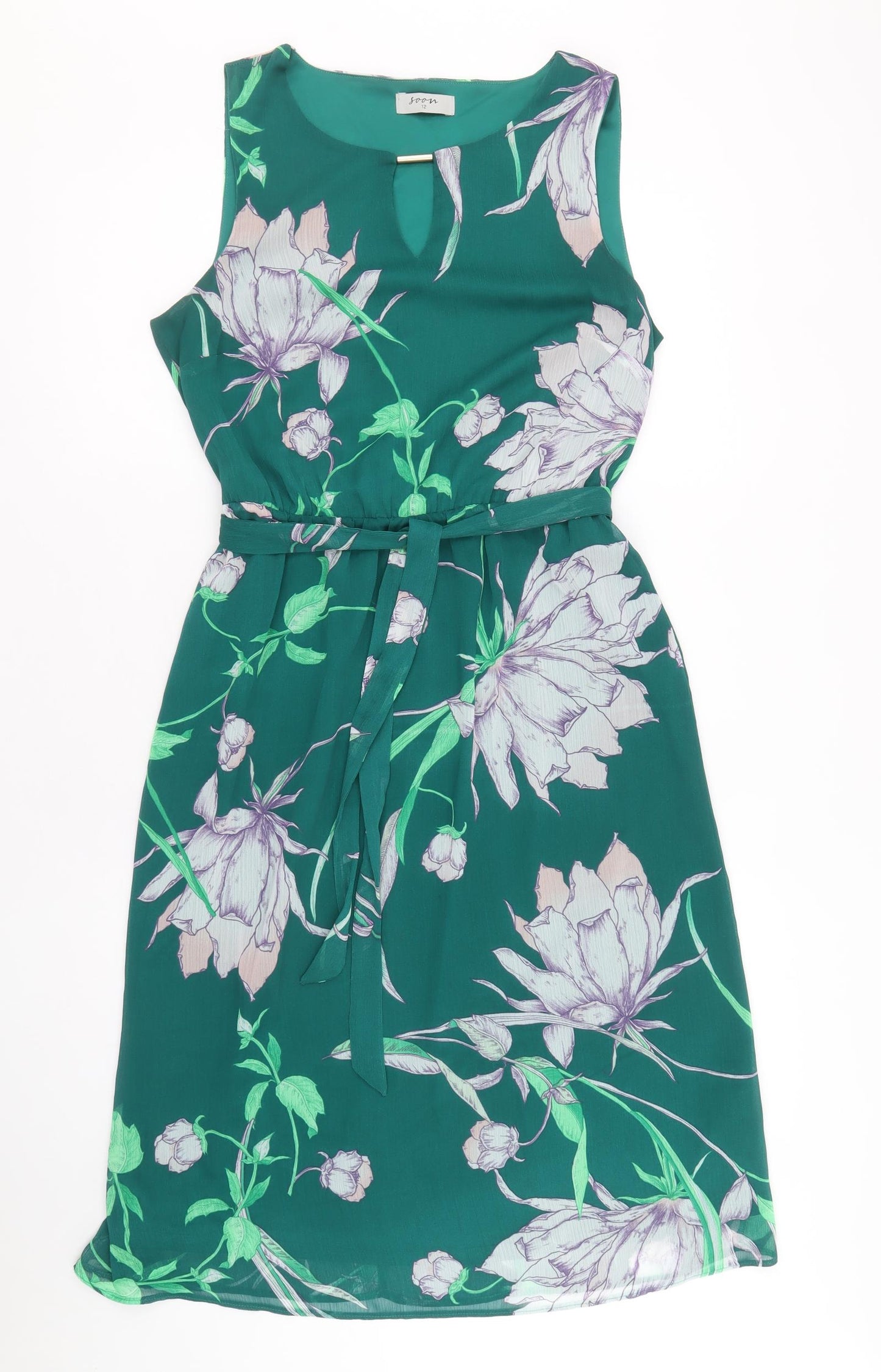 Soon Womens Green Floral Polyester A-Line Size 12 Boat Neck Pullover