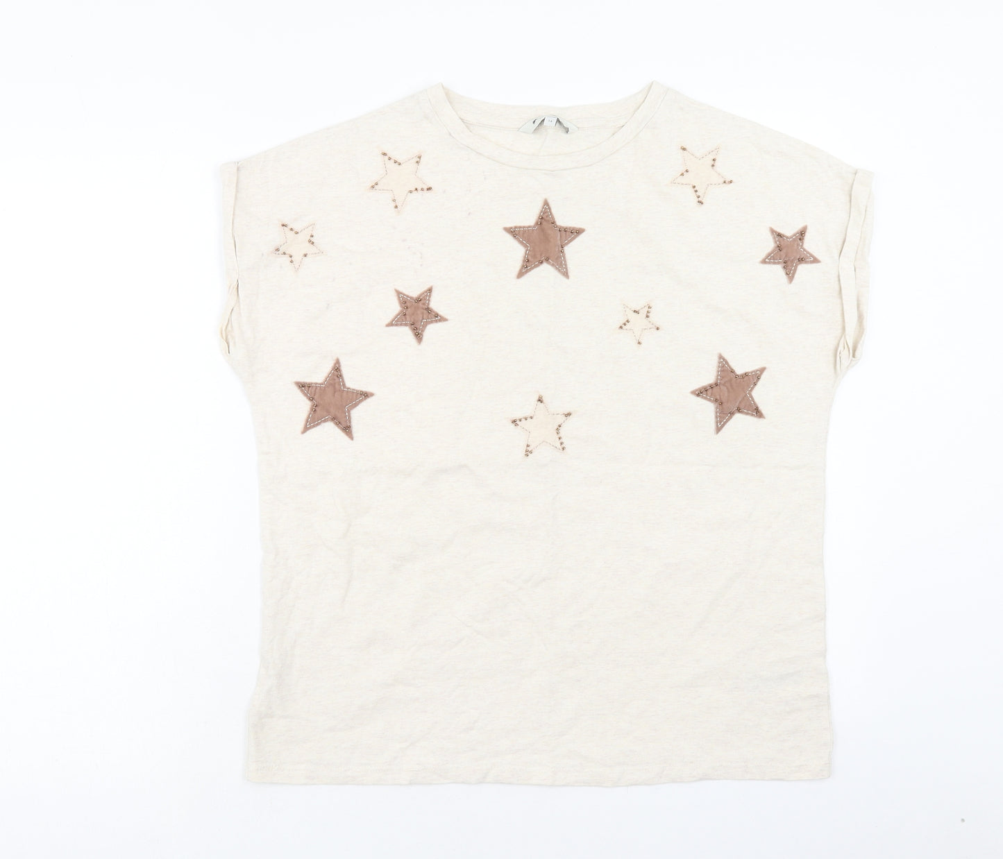 NEXT Womens Ivory Geometric Cotton Basic T-Shirt Size 14 Round Neck - Star Pattern