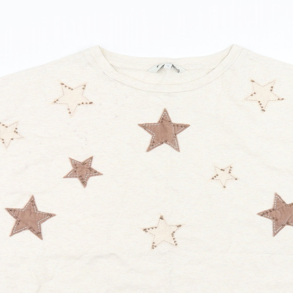 NEXT Womens Ivory Geometric Cotton Basic T-Shirt Size 14 Round Neck - Star Pattern