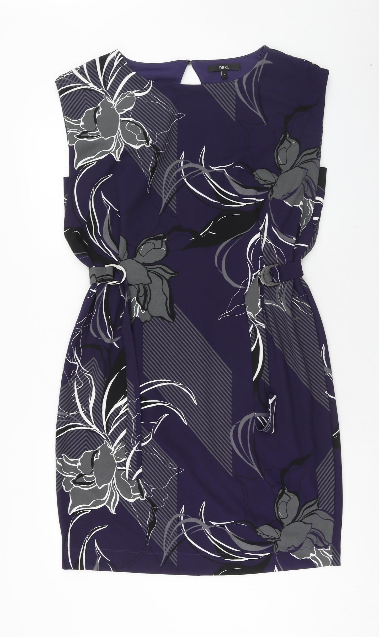 NEXT Womens Purple Floral Polyester A-Line Size 16 Round Neck Button