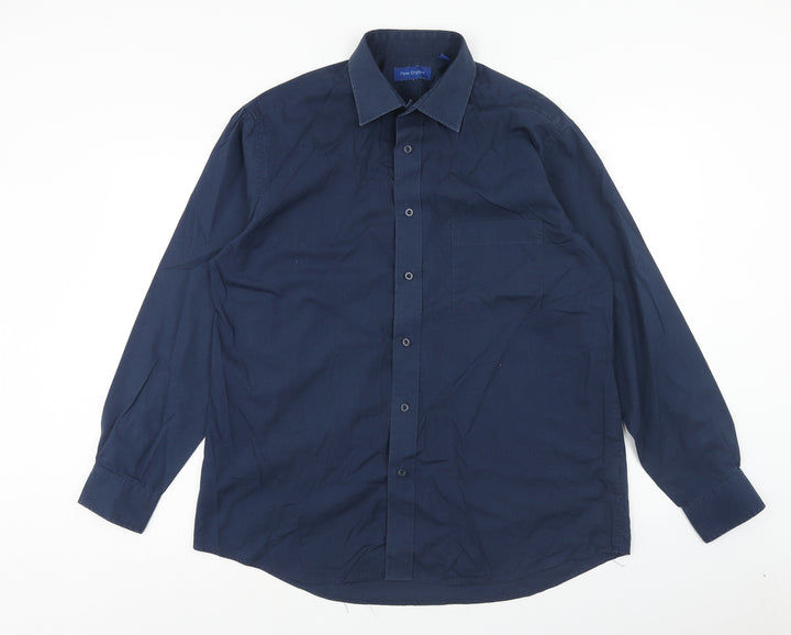 Peter England Mens Blue Cotton Button-Up Size 16.5 Collared Button