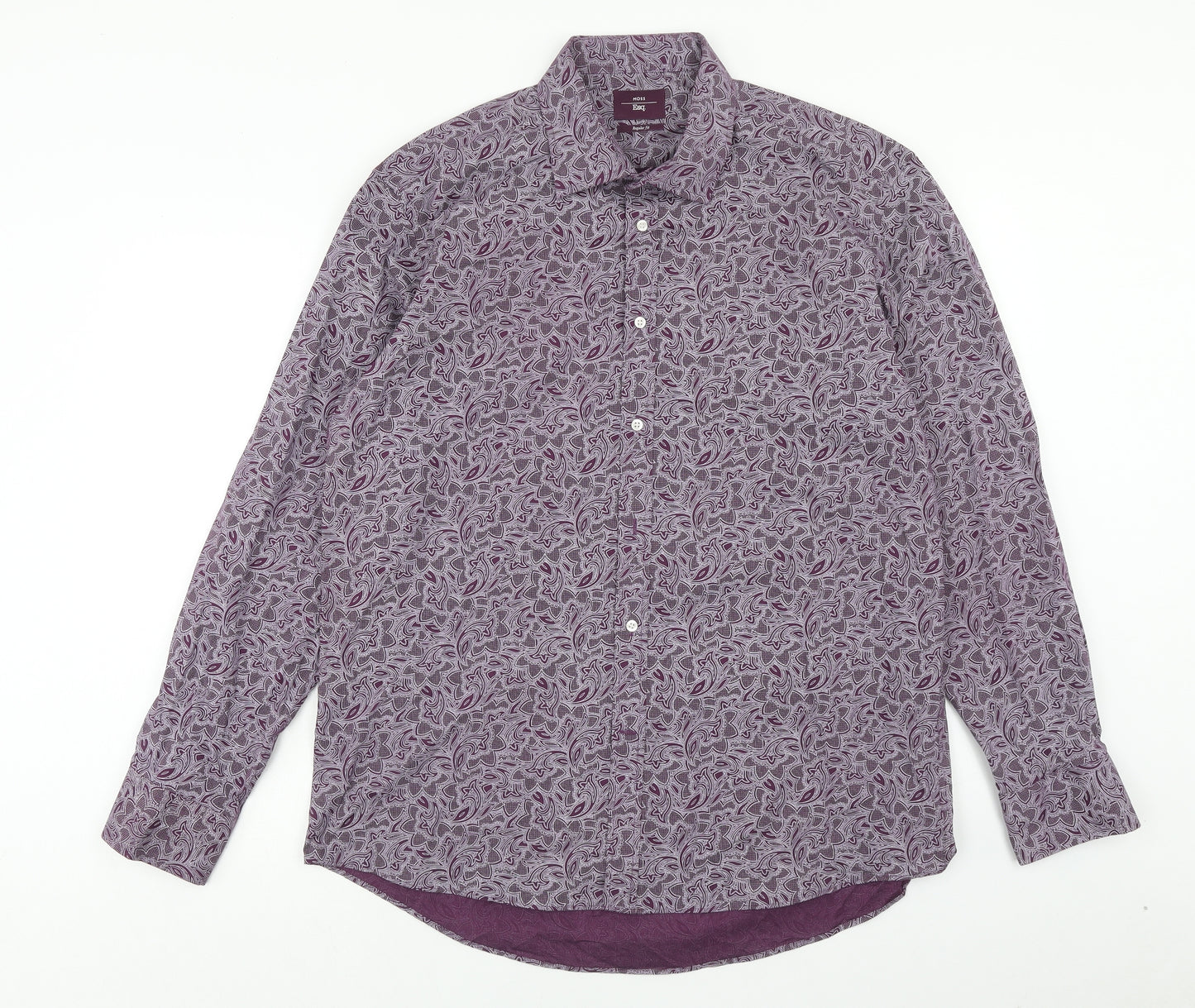 Moss Mens Purple Floral Cotton Button-Up Size 17 Collared Button