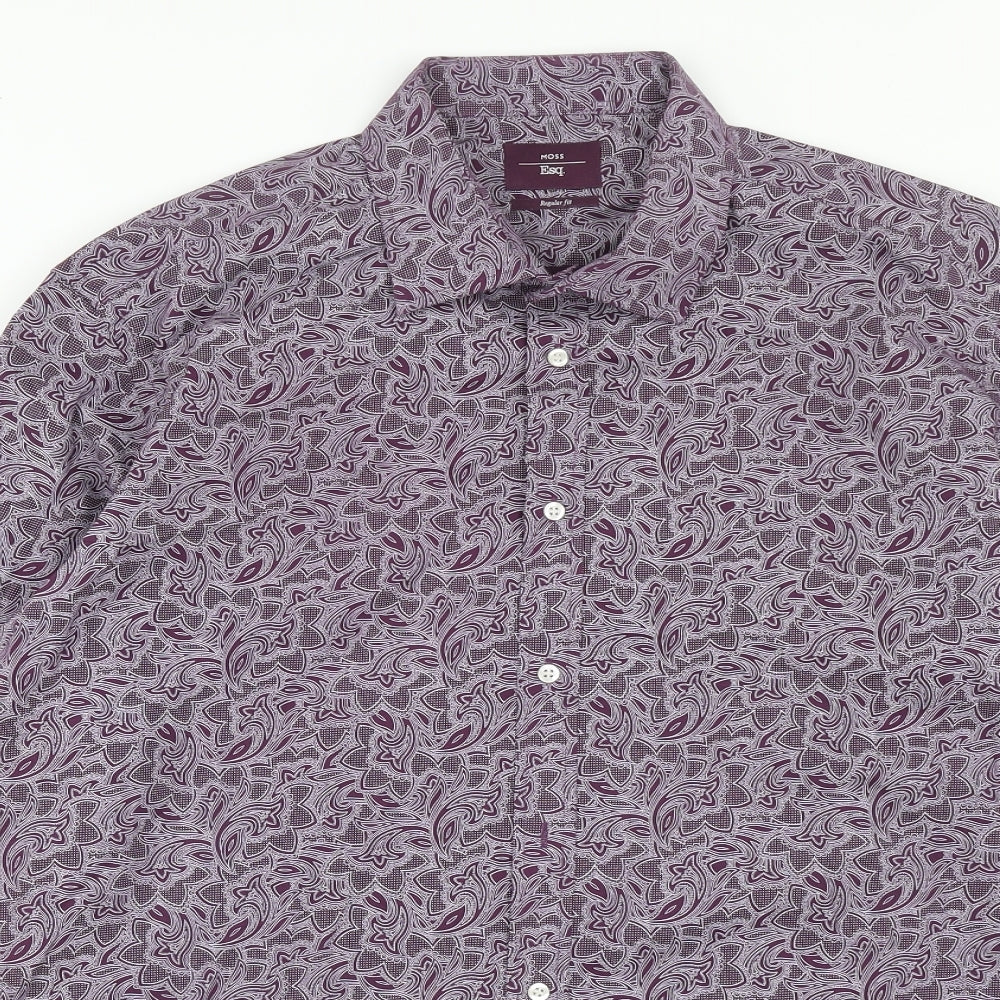 Moss Mens Purple Floral Cotton Button-Up Size 17 Collared Button