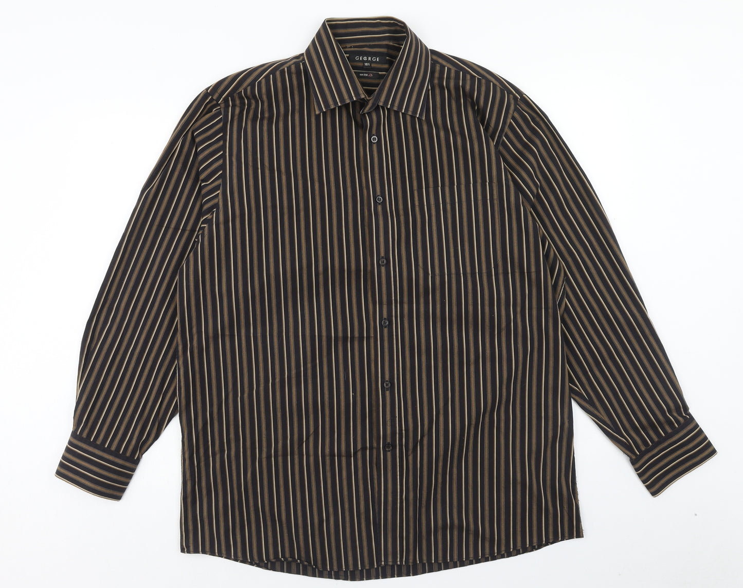 George Mens Brown Striped Cotton Button-Up Size 16.5 Collared Button