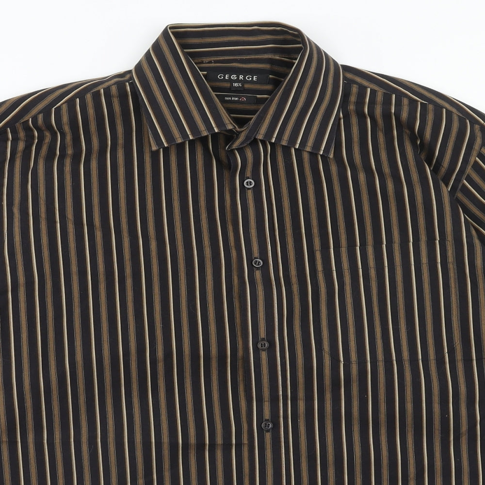 George Mens Brown Striped Cotton Button-Up Size 16.5 Collared Button