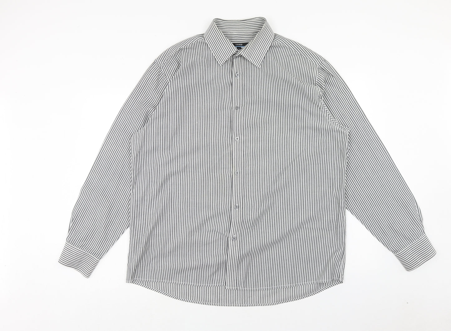 George Mens Grey Striped Polyester Button-Up Size 17 Collared Button