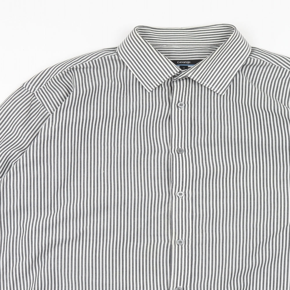 George Mens Grey Striped Polyester Button-Up Size 17 Collared Button