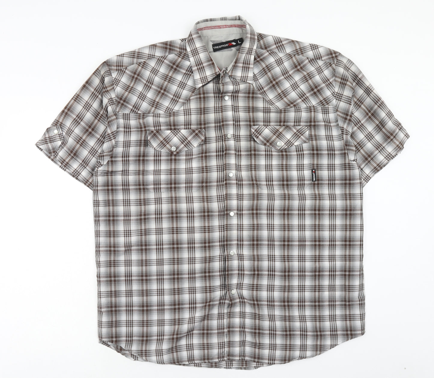 Trespass Mens Beige Plaid Polyester Button-Up Size L Collared Button