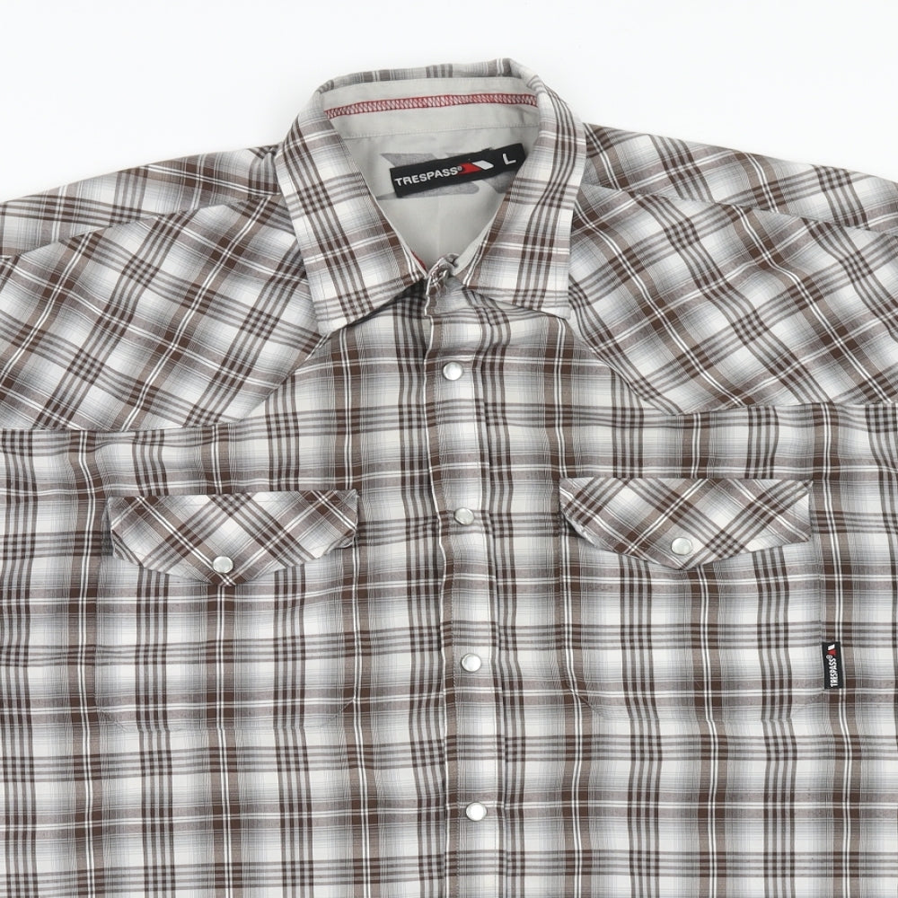 Trespass Mens Beige Plaid Polyester Button-Up Size L Collared Button
