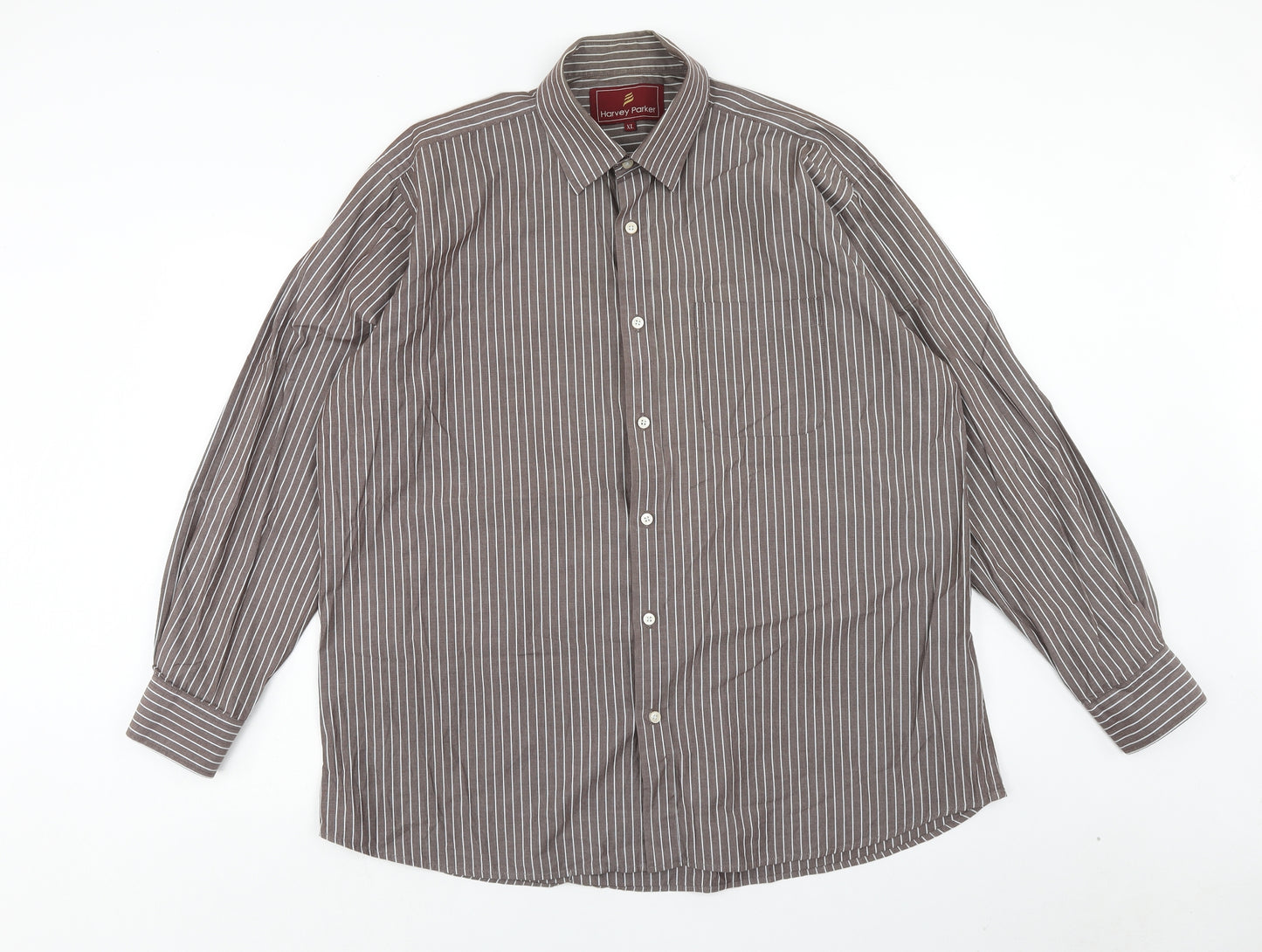 Harvey Parker Mens Brown Striped Cotton Button-Up Size XL Collared Button