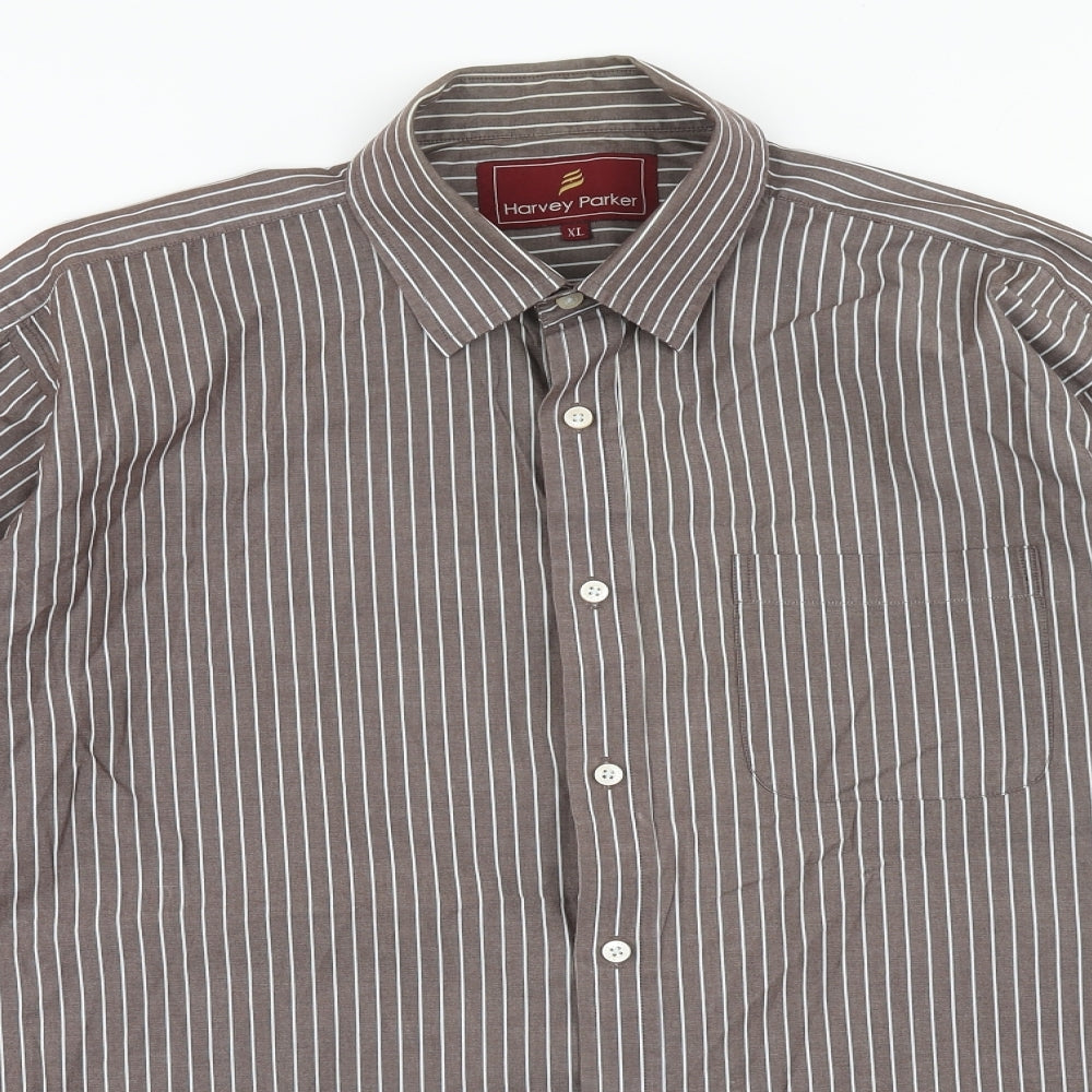 Harvey Parker Mens Brown Striped Cotton Button-Up Size XL Collared Button
