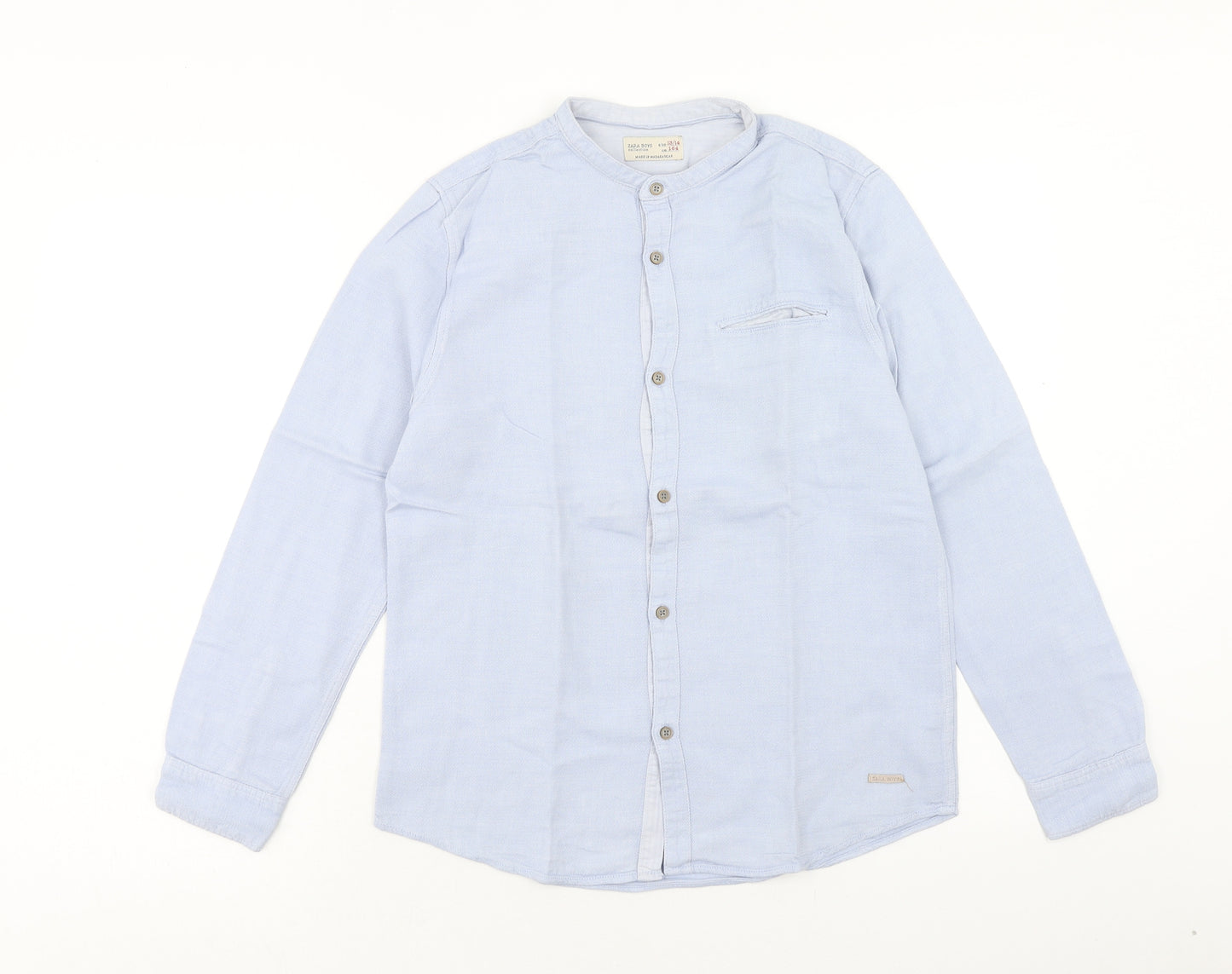 Zara Boys Blue Cotton Basic Button-Up Size 13-14 Years Round Neck Button