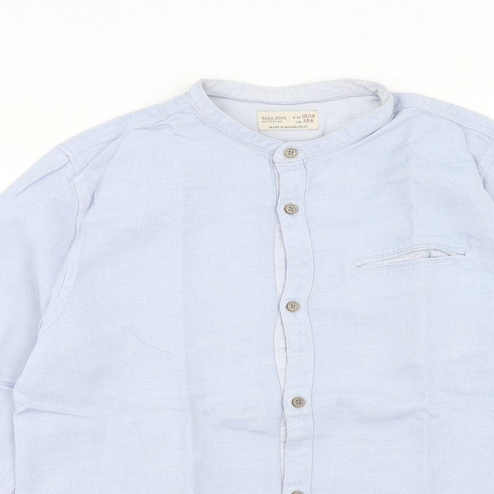 Zara Boys Blue Cotton Basic Button-Up Size 13-14 Years Round Neck Button