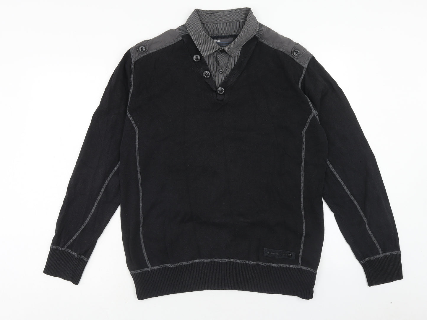 NEXT Mens Black Collared Polyester Pullover Jumper Size XL Long Sleeve - Shirt Collar Inside
