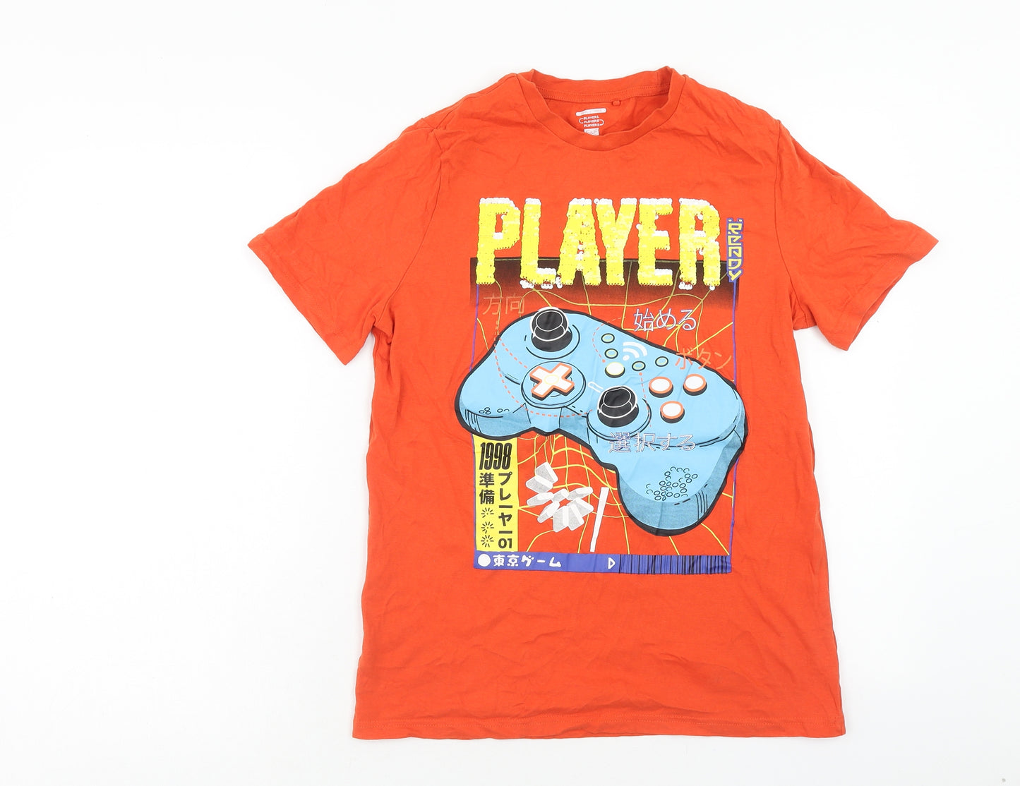 F&F Boys Orange Cotton Basic T-Shirt Size 13-14 Years Round Neck Pullover - Player