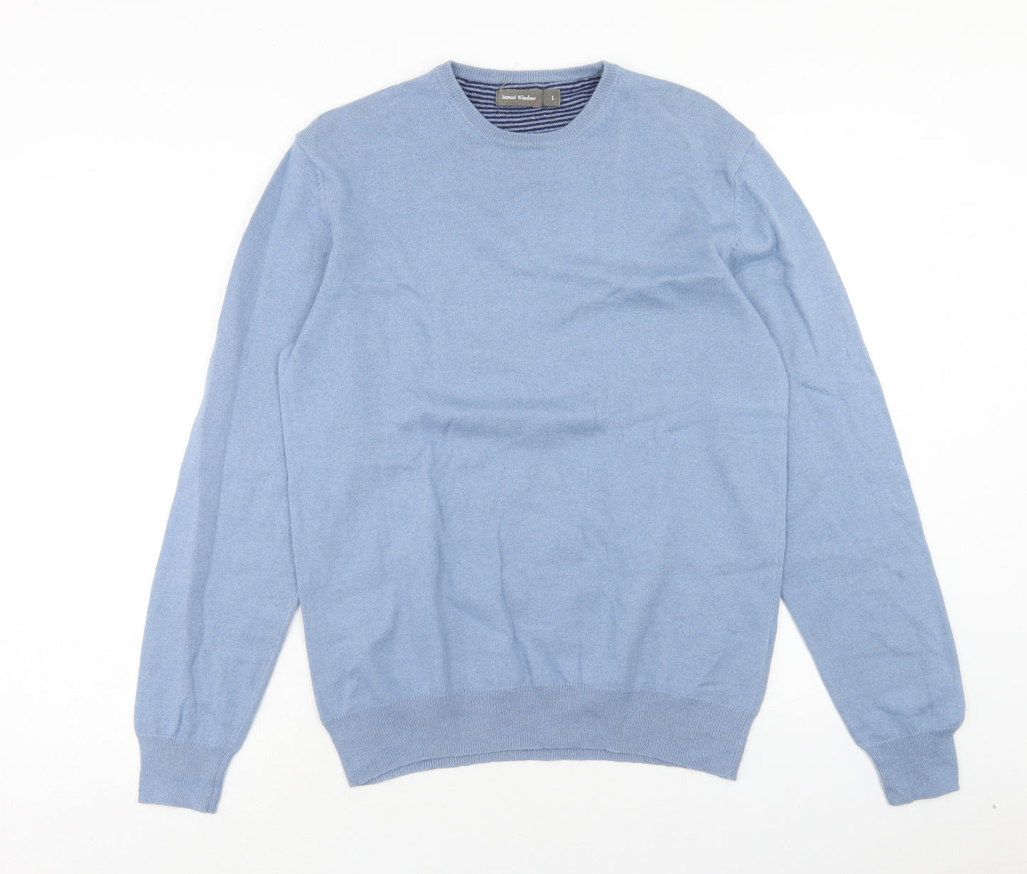 Samuel Windsor Mens Blue Round Neck Cotton Pullover Jumper Size L Long Sleeve