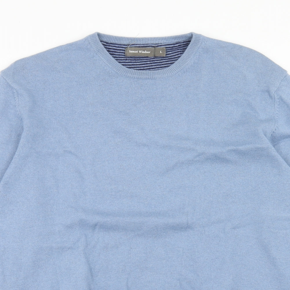 Samuel Windsor Mens Blue Round Neck Cotton Pullover Jumper Size L Long Sleeve