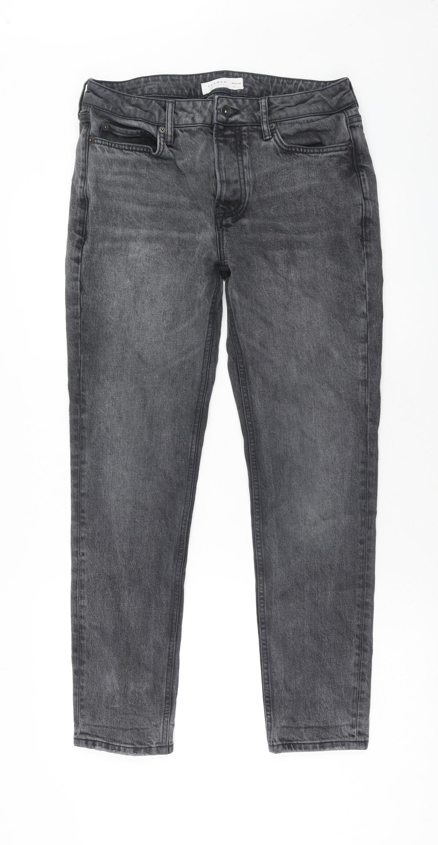 Topman Mens Grey Cotton Skinny Jeans Size 32 in L30 in Regular Button