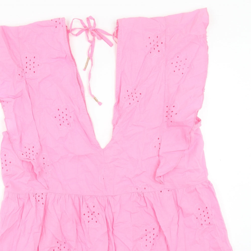 Papaya Womens Pink Geometric Cotton Trapeze & Swing Size L V-Neck Tie