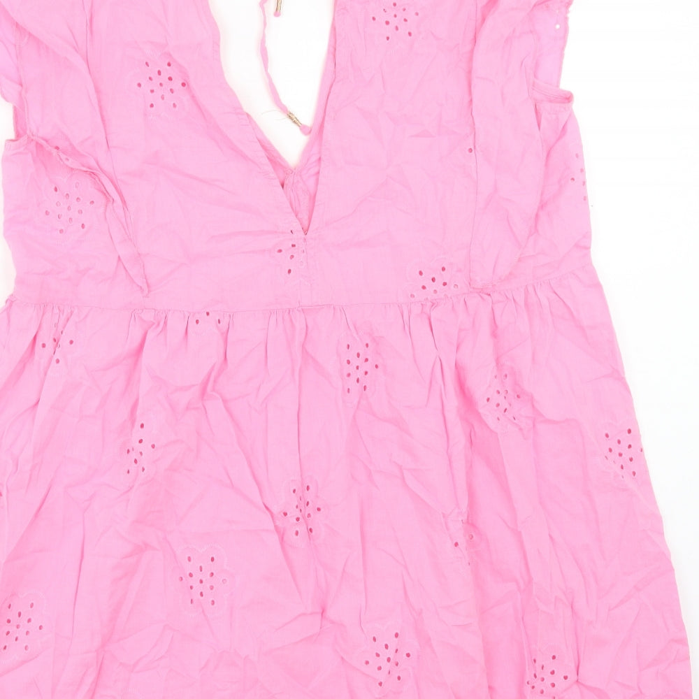 Papaya Womens Pink Geometric Cotton Trapeze & Swing Size L V-Neck Tie