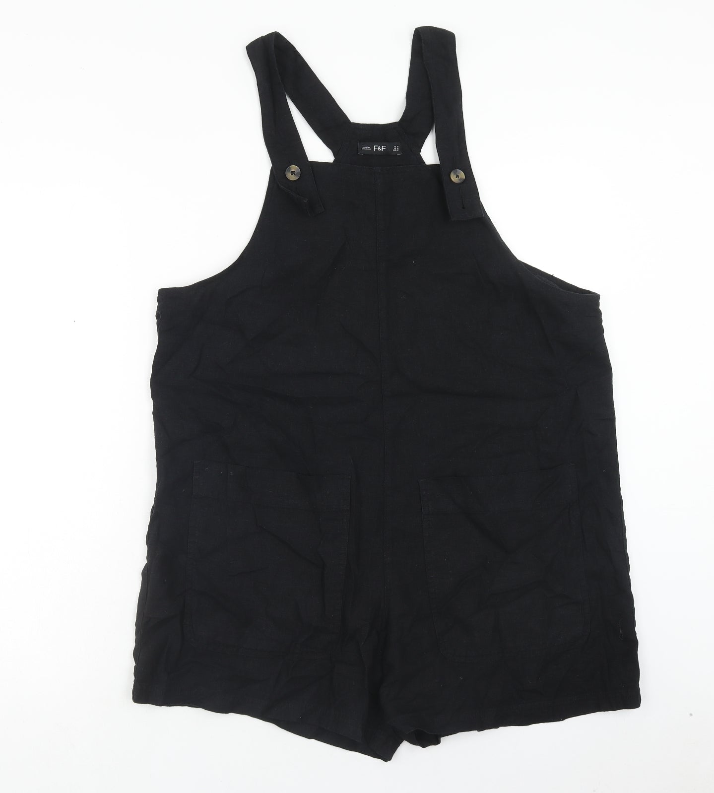 F&F Womens Black Linen Dungaree One-Piece Size 14 Button