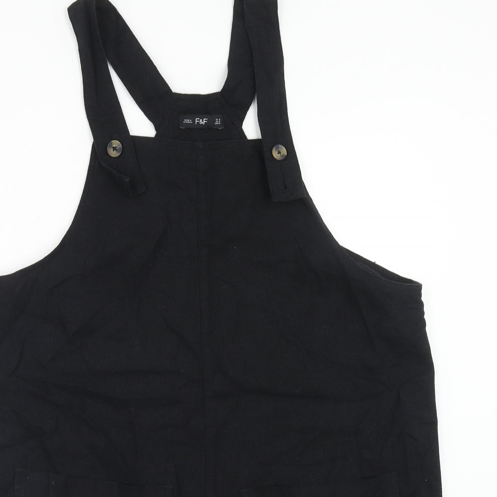 F&F Womens Black Linen Dungaree One-Piece Size 14 Button