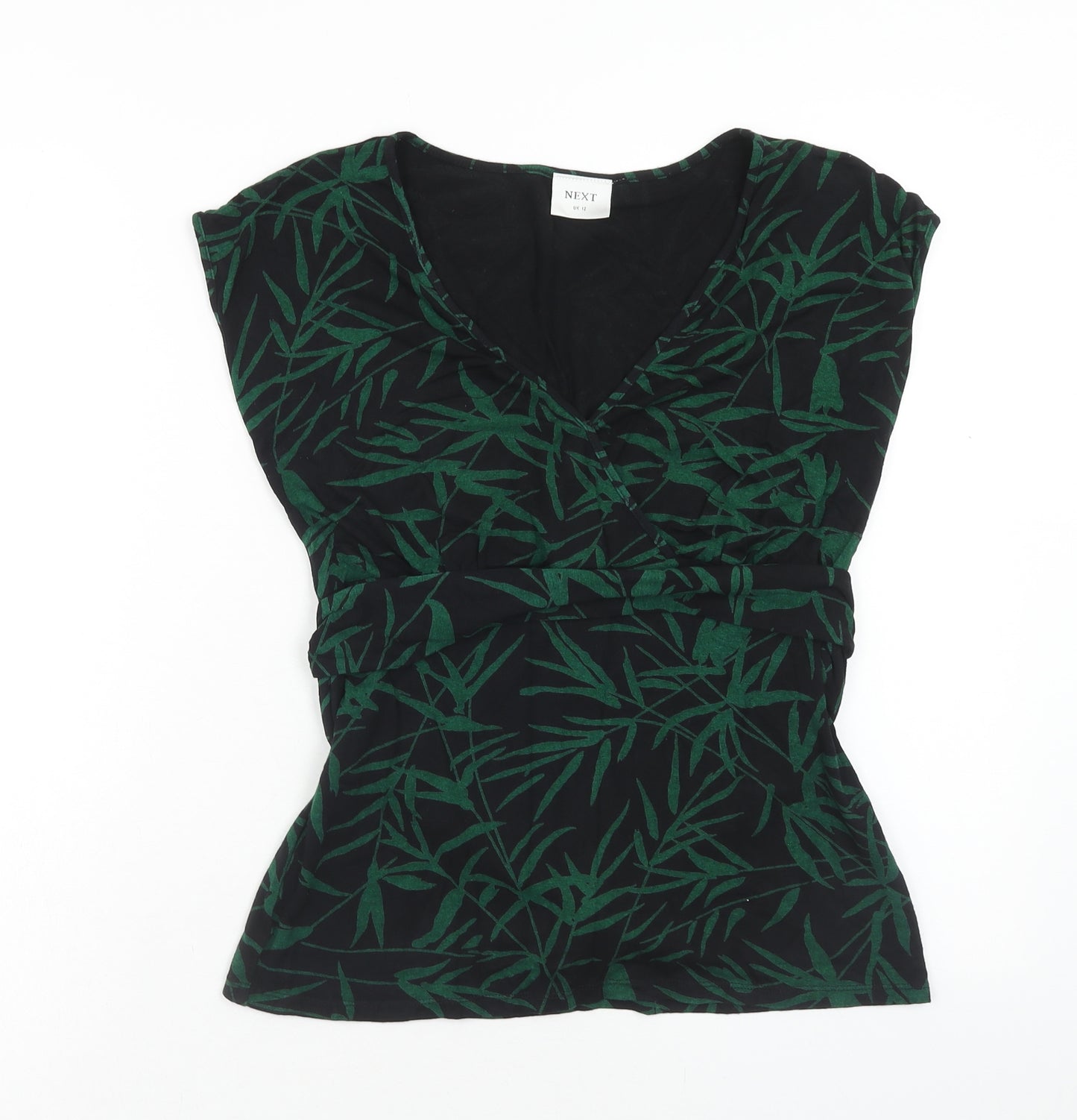 NEXT Womens Green Geometric Viscose Basic T-Shirt Size 12 V-Neck - Leaf Print