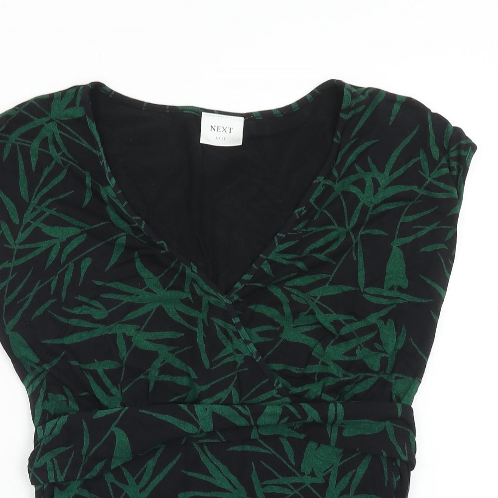 NEXT Womens Green Geometric Viscose Basic T-Shirt Size 12 V-Neck - Leaf Print