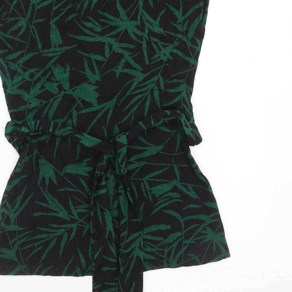 NEXT Womens Green Geometric Viscose Basic T-Shirt Size 12 V-Neck - Leaf Print