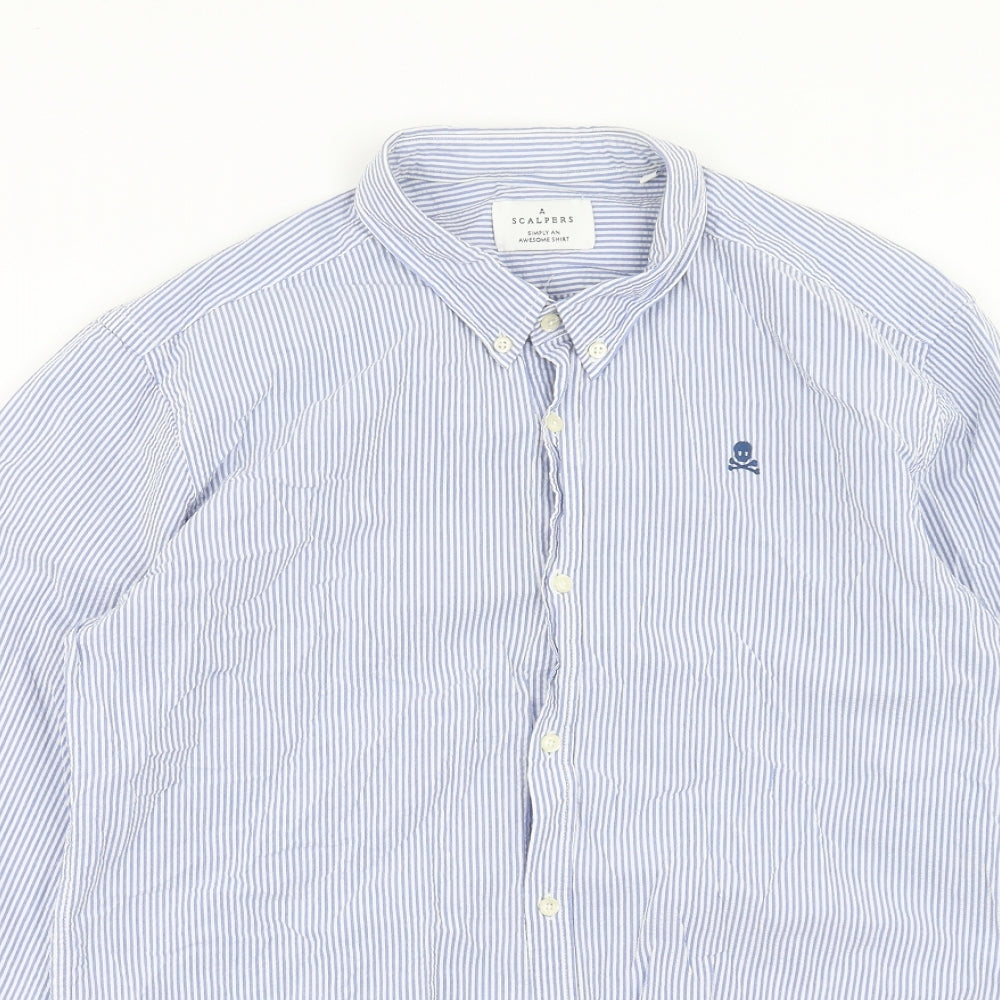 Scalpers Mens Blue Striped Cotton Button-Up Size L Collared Button