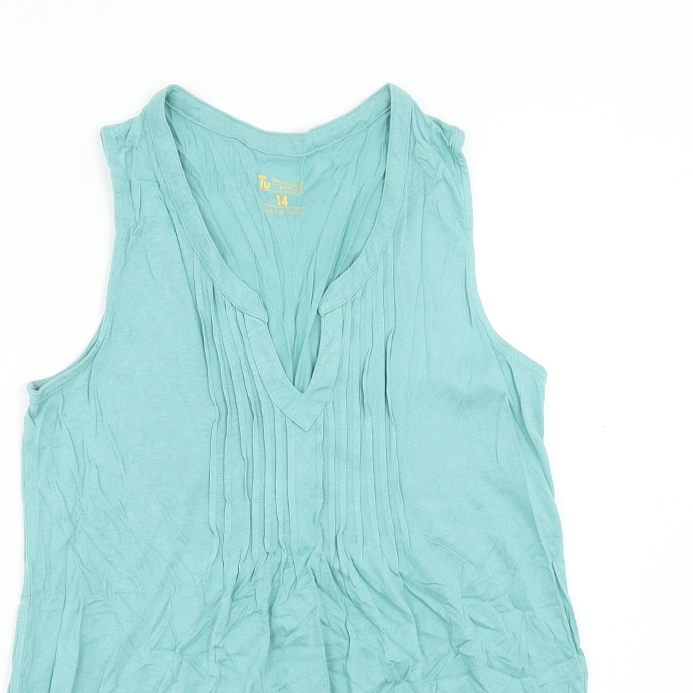 TU Womens Blue Cotton Basic Blouse Size 14 V-Neck
